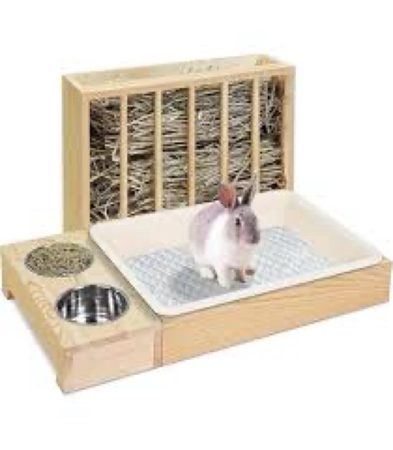 MOBYKE 3 in 1 Rabbit Hay Feeder with Litter Box, Wood, Mess Proof, for Guinea Pig, Chinchillas, Hams