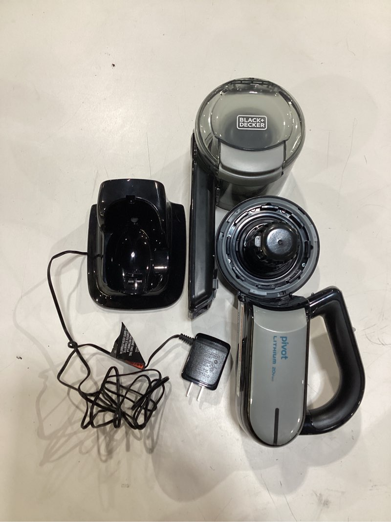 Condition photo showing As Is for **untested** black+decker dust buster pivot vac handheld vacuum cordless, car vacuum portable rechargeable, extendible crevice tool and 200 degree pivoting nozzle, strong suction, lightweight (bdh2000pl)