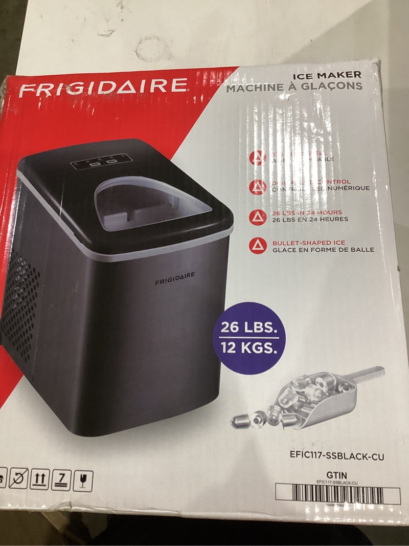 Condition photo showing New/Like New for Frigidaire 26 Lbs per Day Portable Compact Maker, Ice Making Machine, Black Stainless, Medium