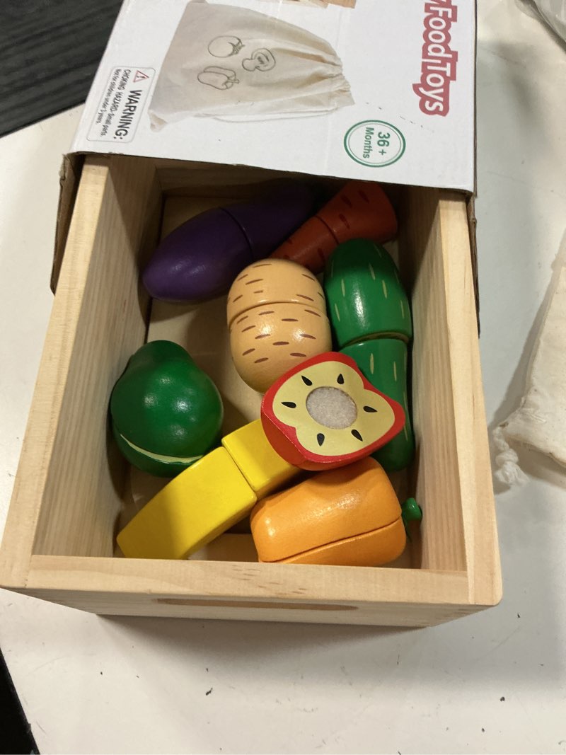 Condition photo showing As Is for wooden play food set for kids kitchen | cutting veggies & fruits toy food set with storage case & bag, play kitchen accessories, pretend play food for toddlers 3+