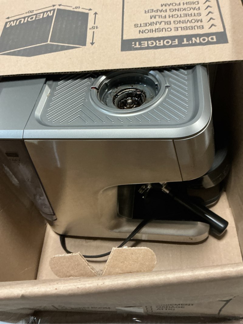 Condition photo showing As Is for chefman crema supreme 15 bar espresso machine with milk frother, barista steam wand, professional coffee maker with coffee grinder, 30 grind settings, 3l removable water tank - stainless steel large