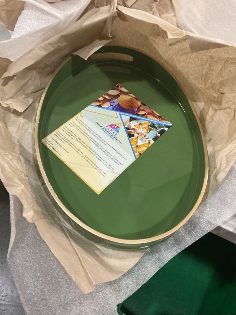 Condition photo showing New/Like New for pemar 15.7" x 11.8" oval lacquer serving tray, handmade polished coffee table tray w insert handles, luxury decorative platters for dining, party, dinner, breakfast in bed (green)