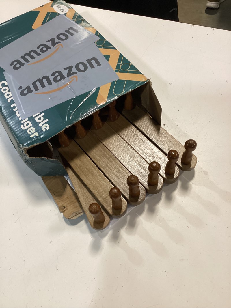 Condition photo showing New/Like New for oropy wood accordion wall hanger, expandable coat rack wall mount with 17 pegs, expanding hat rack for wall walnut color walnut color 17 pegs