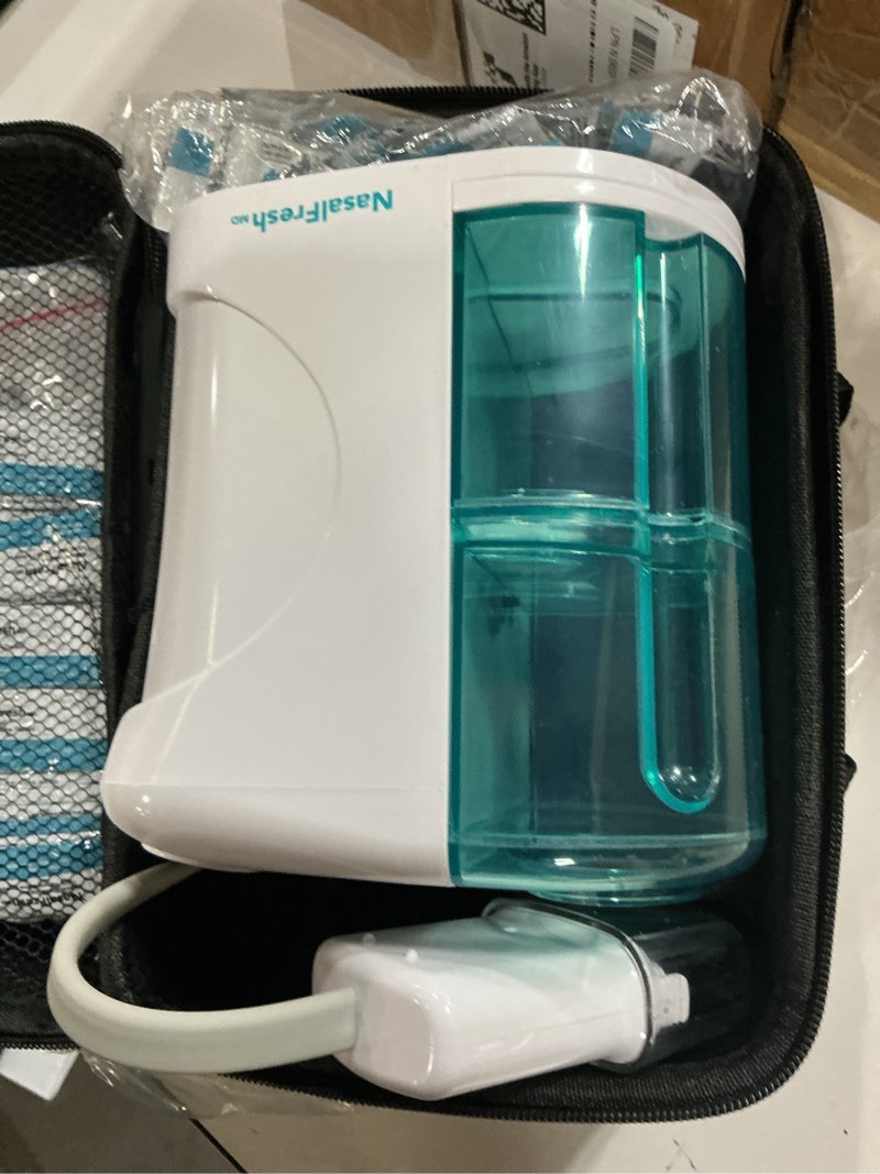 Condition photo showing Good Condition for nasalfresh md - dual powered nasal irrigation system nasal rinse and wash - sinus decongestant relief system w/ 30 saline packets - rechargeable - 2 sets of nose pillows - snoring remedy
