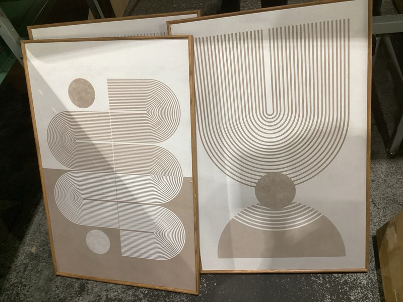 Condition photo showing As Is for (damaged)framed boho neutral abstract wall art for living room, large 3 piece mid century modern painting prints, minimalist geometric canvas artworks for dining room hallway office wall decor, 24x36 in 24\" w x 36\" h x 3pcs boho geometric abstract