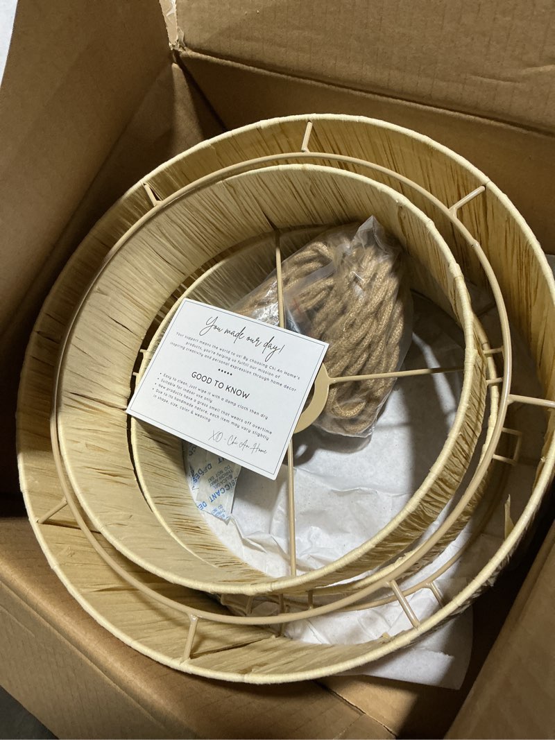 Condition photo showing Good Condition for 12” Raffia Hanging Lamp Wicker Plug In Pendant Light, Boho Woven Lamp Shade Lighting for Living Room Bedroom Kitchen Island, Hanging Light Modern Farmhouse Decor 3-tier (No BULB Included)