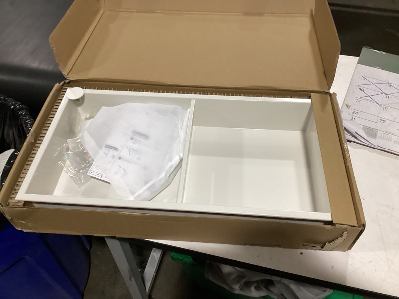 Condition photo showing As Is for stainless steel shower niche no tile needed 24"x12" inner size (25.19"x13.19" outside size) matte warm white - niche for shower wall - bathroom niches - includes corner shelves razor holders and hooks matte warm white 24"x12"