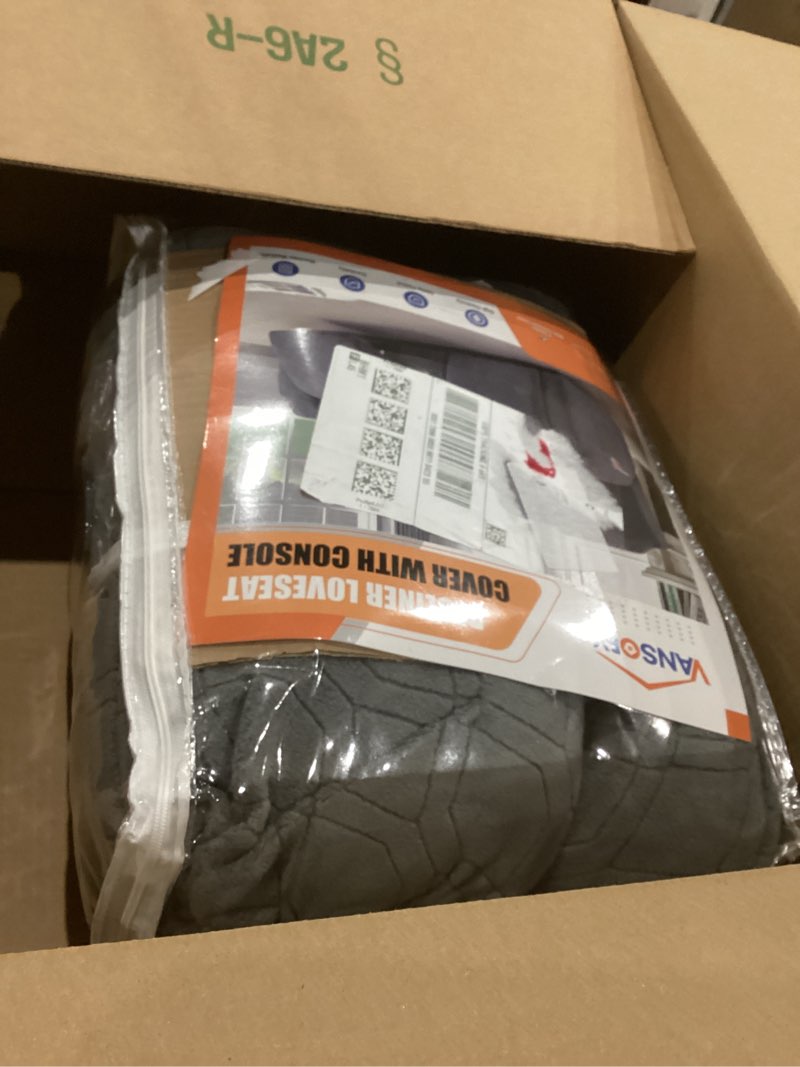 Condition photo showing Good Condition for VANSOFY Recliner Loveseat Cover with Middle Console Stretch Reclining Sofa Slipcover for 2 Seat Jacquard Reclining Couch Sofa Covers Furniture Protector with Elastic Straps Bottom (Dark Gray) Dark Gray 2 Seater+Console