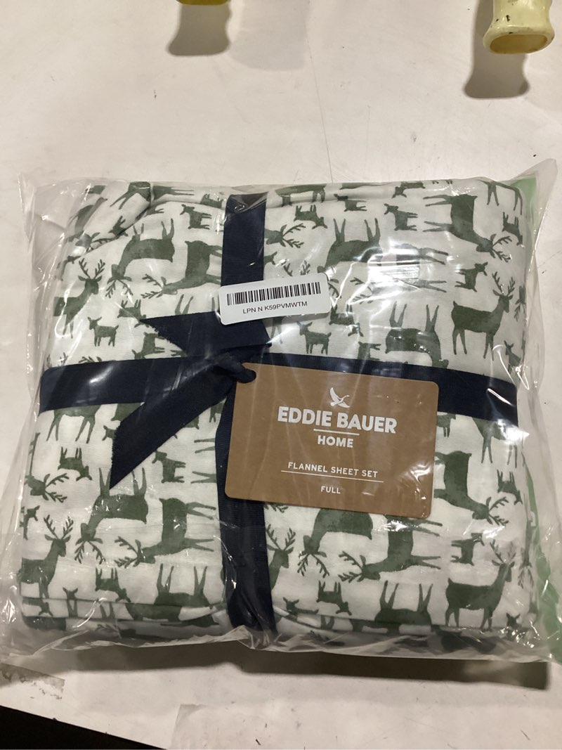 Condition photo showing New/Like New for Eddie Bauer - Flannel Sheets Full Size, Anti-Pilling & Wrinkle Resistant Cotton, Touchably Soft for All-Season Comfort - Bed Sheets with Matching Pillowcases & Fitted Sheet (Deer Camp Green) Deer Camp Green Full