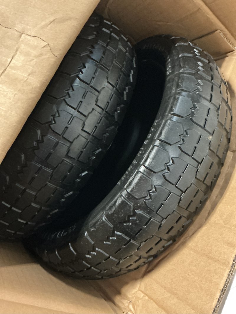 Condition photo showing Good Condition for 13 inch flat free wheels tires 4.00-6 solid replacement with universal 5/8\" axle bore hole, 16 spacers and 8 pins, for wheelbarrow, garden wagon, hand truck, trolley, lawn mower, 4 pack 13\" - 4p