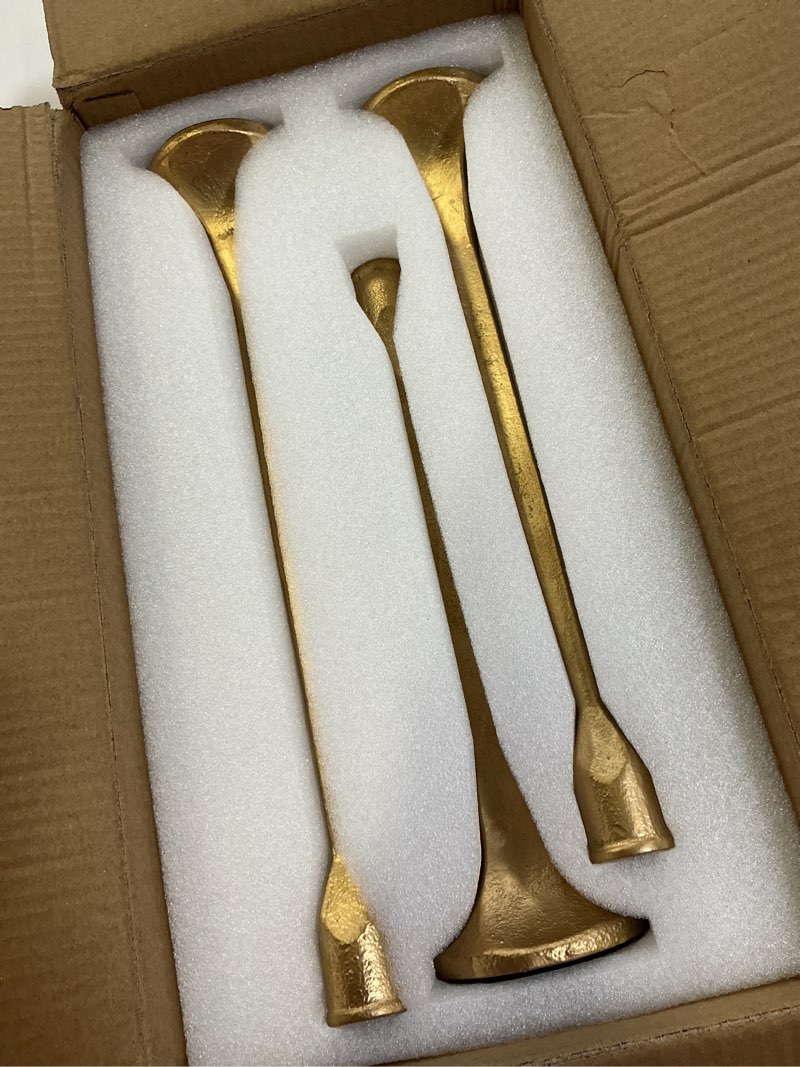 Condition photo showing Good Condition for gold iron taper pillar candle holders set of 3, candlestick holders rustic vintage decorations, tall candle stand for home decor mantle dining coffee table outdoor wedding-11.8"+13.8"+15.4"