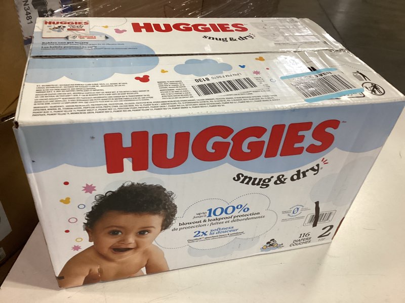 Condition photo showing New/Like New for Huggies Size 2 Diapers, Snug & Dry Baby Diapers, Size 2 (12-18 lbs), 116 Count, Packaging May Vary Size 2 116