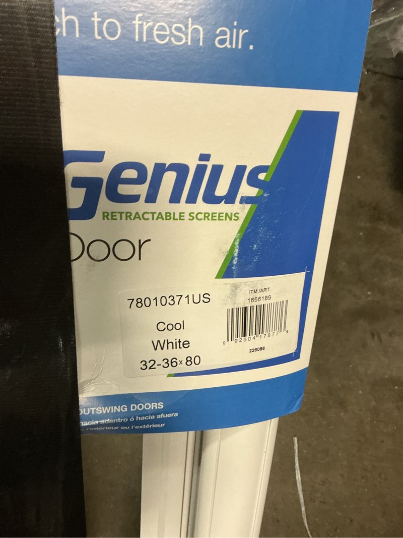 Condition photo showing As Is for larson brisa 80 in. h x 36 in. w white aluminum screen door