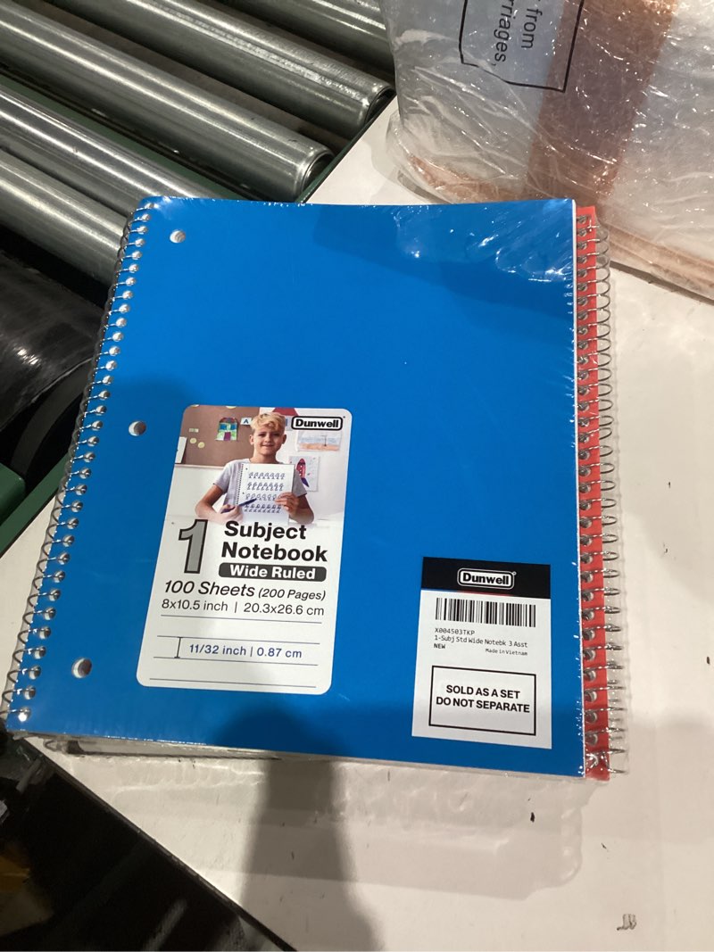Condition photo showing New/Like New for Dunwell 1 Subject Spiral Notebooks, (3-Pack, Red Blue Black) 8x10.5” Paper, Wide Ruled Lines, Plastic Covers, 100 Sheets (200 Pages), 3-Hole Punched Perforated Pages, Divider with Pockets Assorted 1 Subject (3 Pack)