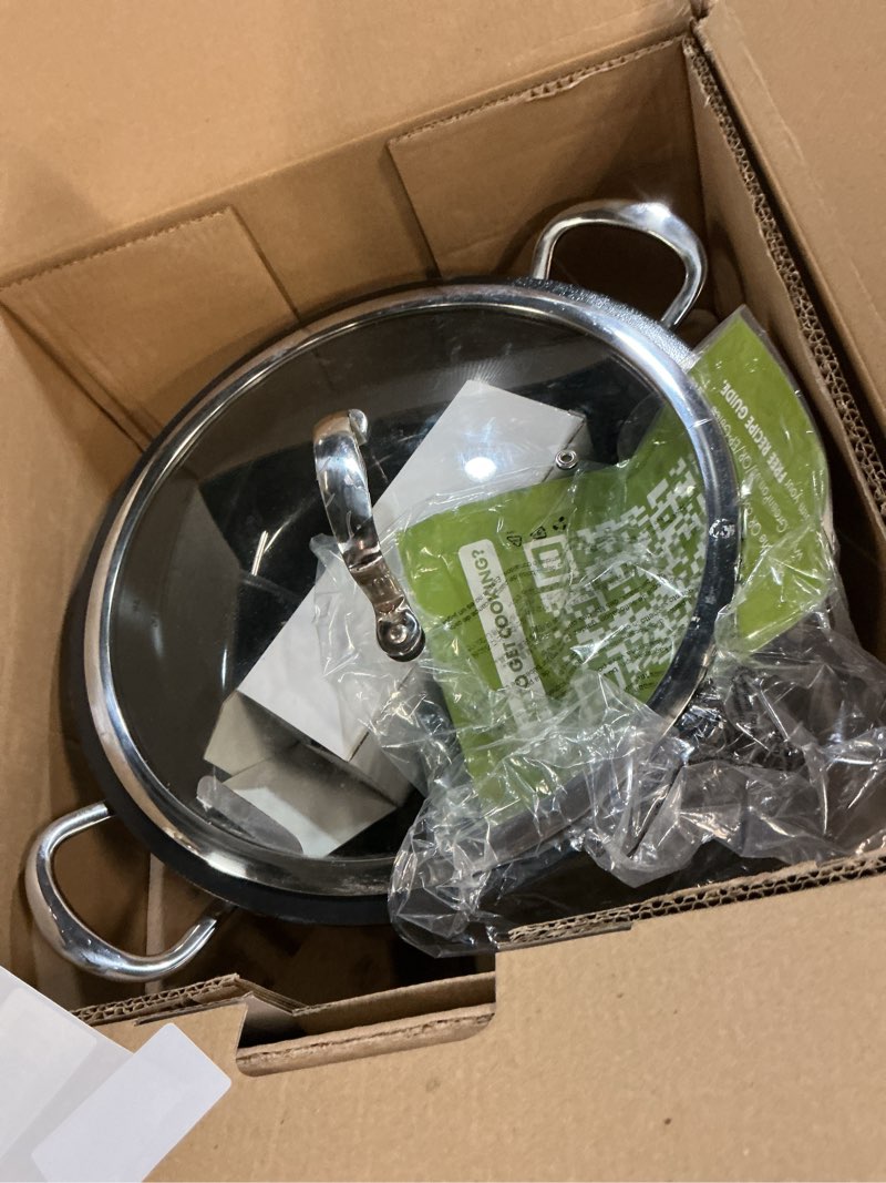 Condition photo showing As Is for greenpan elite 6qt electric skillet, sear saute stir-fry cook rice, healthy ceramic nonstick, dishwasher safe parts, easy-to-use led display, pfoa and pfa free, smart pot, stainless steel 6qt elite essential skillet stainless steel