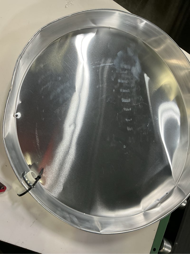 Condition photo showing As Is for everflow awhp22 aluminum water heater drain pan with 1 in. - 1-1/2 in. pvc fitting, 22 in. diameter chrome