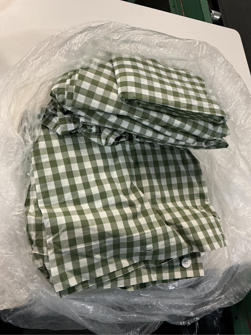 Condition photo showing As Is for organic crisp percale gingham deluxe bedding bundle, king, olive
