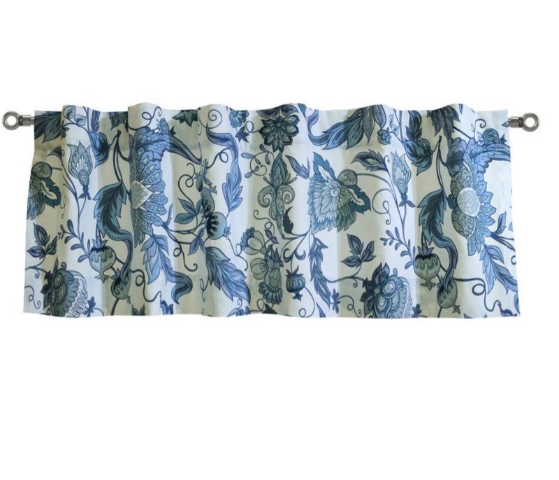 Jacobean Garden Blue Cotton Floral 52 in. W x 15 in. L Dual Header Indoor Light Filtering Curtain Valance (Single Panel)