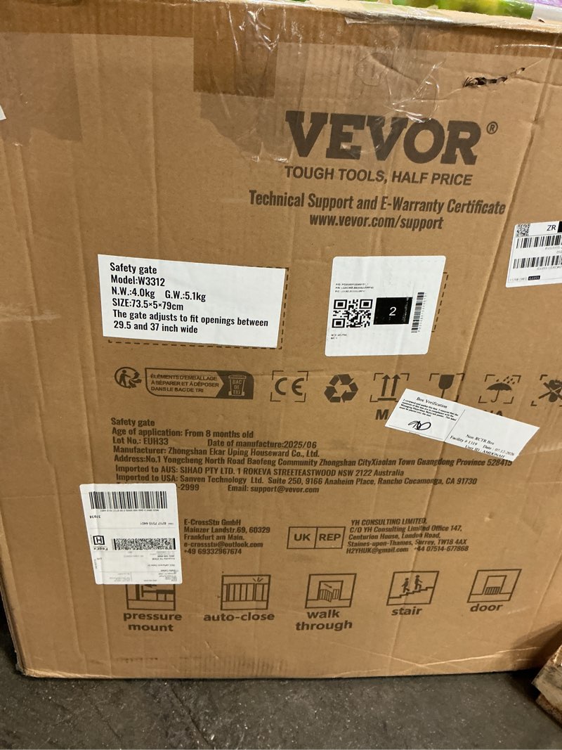 Condition photo showing As Is for vevor baby gate, 29.5-37 in adjustable width, 30in high dog gate, easy step walk thru, auto close, child pet security, with pressure mount kit and wall mount kit, for stairs doorways and house, white
