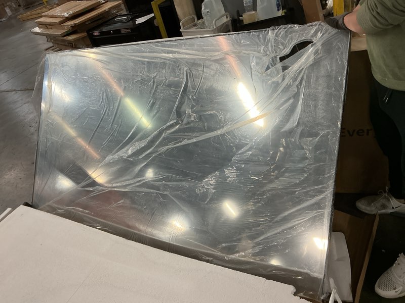 Condition photo showing New/Like New for 82"X44" Oversized Floor Mirror Full Length, Extra Large Standing Mirror for Gym Bedroom Living Room Clothing Store, Tempered Glass Black Full Length Body Mirror, Hanging or Wall Mounted Black 82"L x 44"W