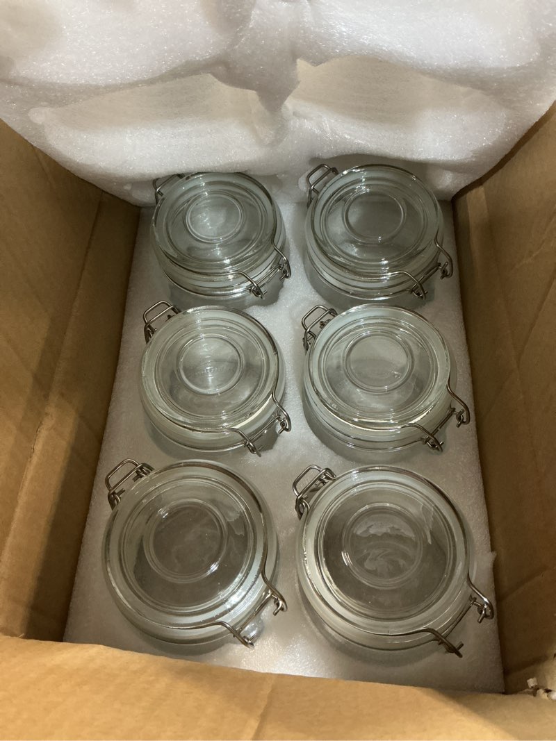 Condition photo showing New/Like New for 6 pack 17oz food storage jars with airtight lids, preserving seal wire clip fastening glass containers, canisters for kitchen organization, flour, cereal, pasta, sugar, beans, pickling jars (17 oz*6)