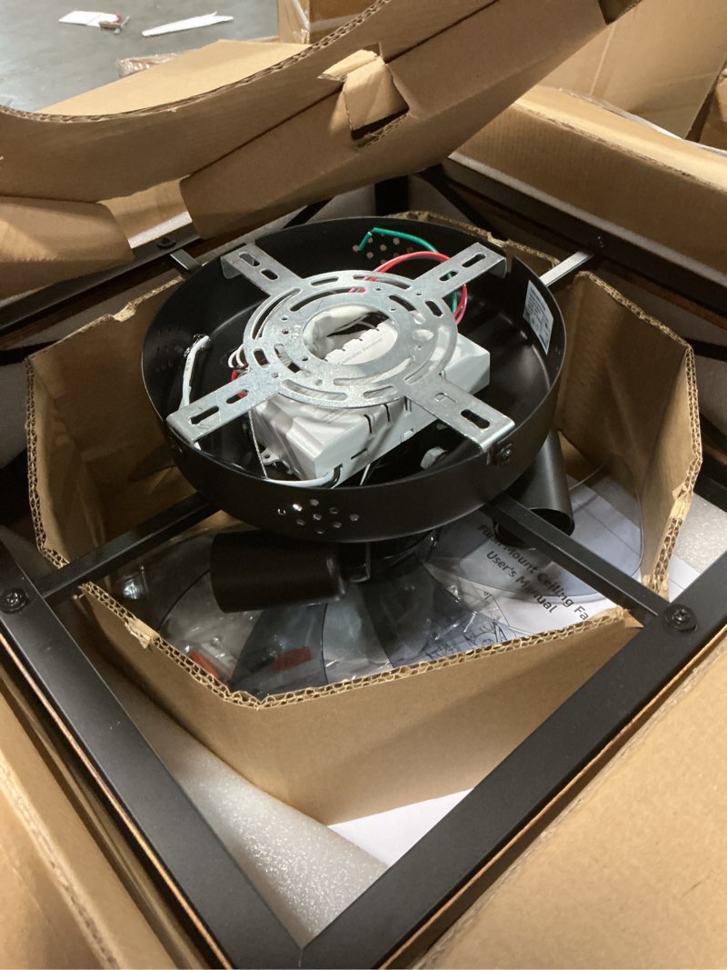 Condition photo showing Good Condition for LEDIARY Caged Low Profile Ceiling Fans with Lights and Remote, Rustic Square Flush Mount Ceiling Fan, 6 Speed and Reversible, Small Farmhouse Bladeless Ceiling Fan for Bedroom, Kitchen, Dining Room Wood Grain 16 Inch