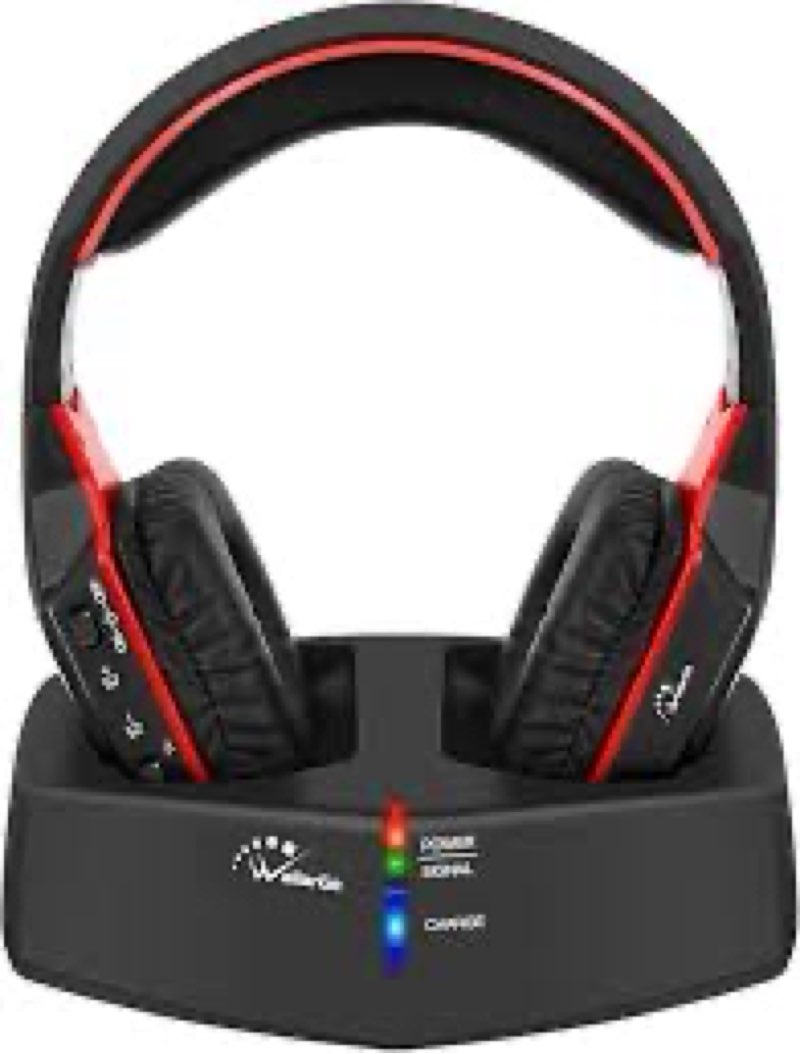 WallarGe Wireless Headphones for TV Watching with RF Transmitter Charging Dock, Plug and Play, 100 Ft Wireless Range, Rechargeable 20 Hour Battery (Black with Red)