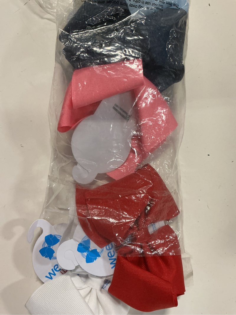 Condition photo showing New/Like New for wee ones girls' 6 piece set of bows, solid grosgrain variety pack on a weestay no-slip hair clip, mini king, blue,navy,pink,red,white blue,navy,pink,red,white mini king