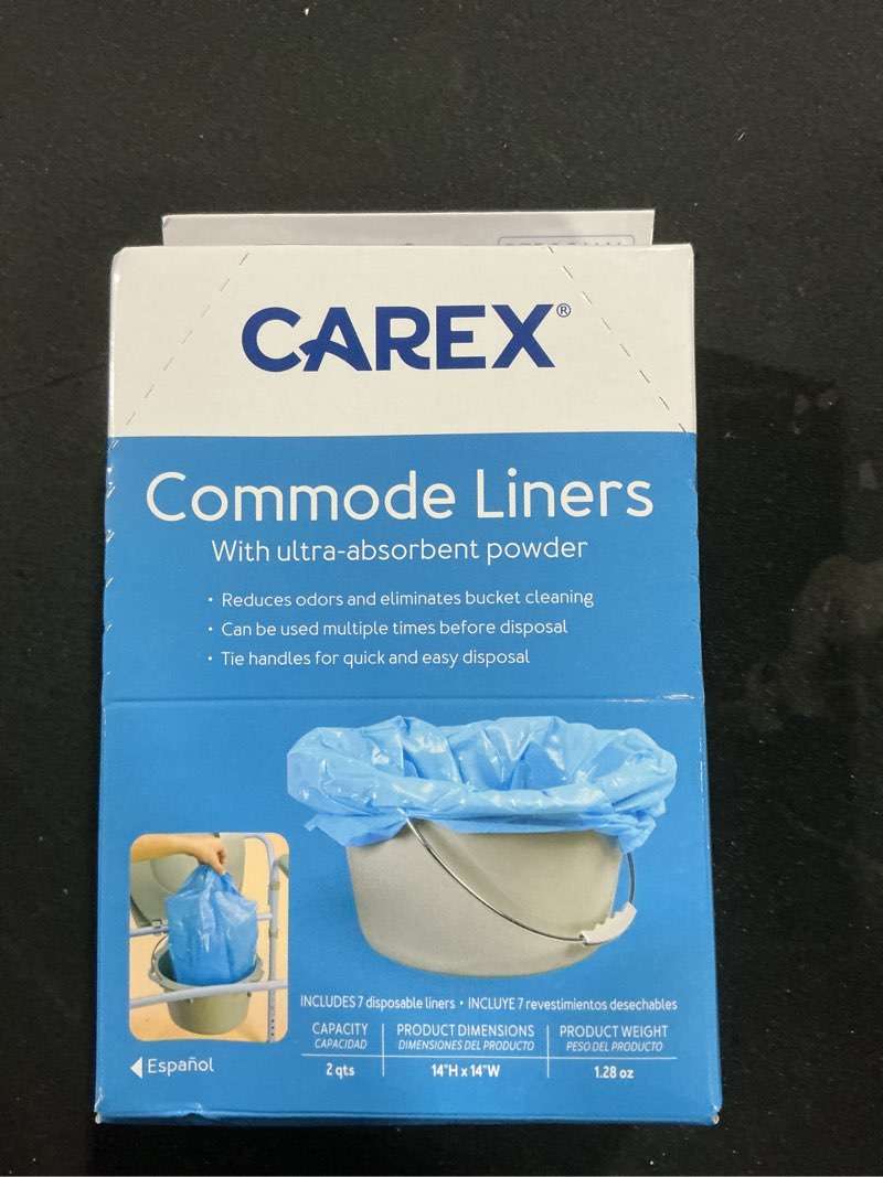 Condition photo showing New/Like New for Carex Commode Liners, Toilet Seat Cover, Fits Most Commodes, Toilet Liners and Paper Cover with Absorbent Powder, Disposable and Hygienic, 7 Count (Pack of 6), Travel Essentials for Public Restrooms