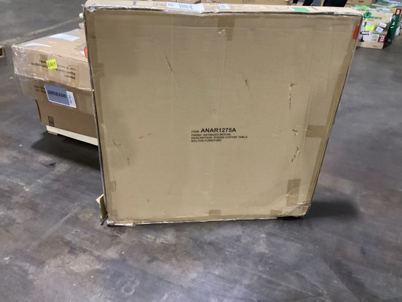 Condition photo showing As Is for Alaterre Furniture Coffee Table - Newbury Collection 44-Inch Round Living Room Table - Solid Wood Farmhouse Coffee Table (Pecan Finish)