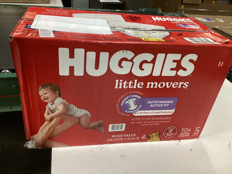 Condition photo showing New/Like New for Huggies Size 5 Diapers, Little Movers Baby Diapers, Size 5 (27+ lbs), 104 Count, Packaging May Vary Size 5 104