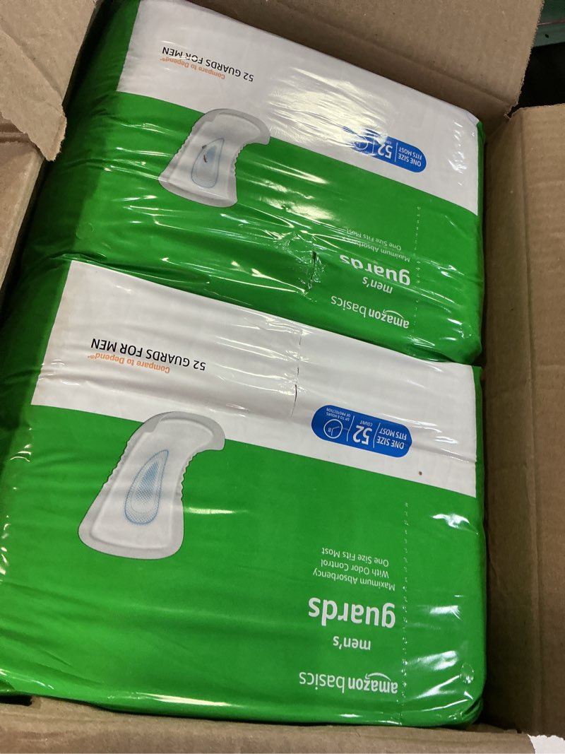 Condition photo showing New/Like New for amazon basics men's incontinence guards, maximum absorbency, moisture-wicking with odor protection, one size fits most, 104 count (2 packs of 52)