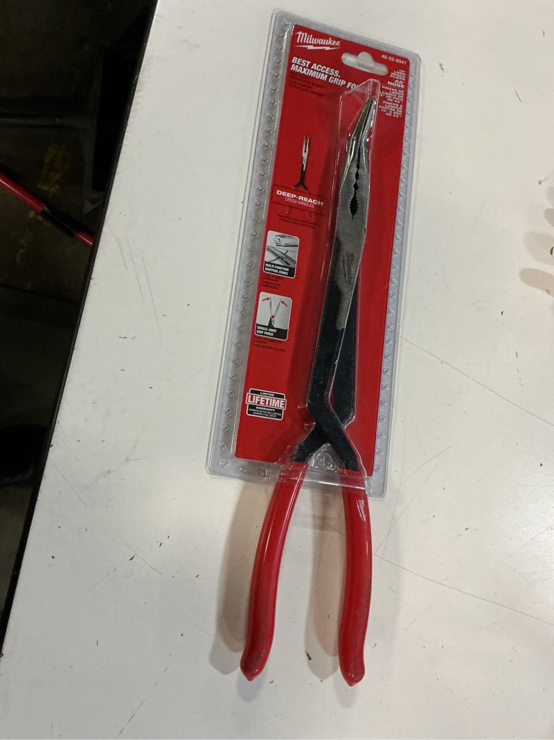 Condition photo showing New/Like New for 13 in. 45-degree long needle nose pliers with slip resistant grip