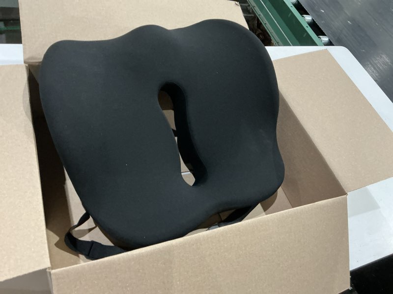 Condition photo showing As Is for breeze ergonomic seat cushion -memory foam, pressure relief for office,chair, driving, and home use