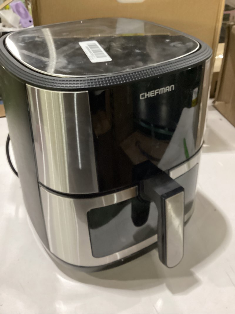 Condition photo showing Good Condition for chefman easy-view air fryer – 8 qt family size with viewing window, one-touch digital control with 4 presets, nonstick & dishwasher safe, broil, roast, dehydrate, bake, auto-shutoff, stainless steel 8.0 quarts stainless steel