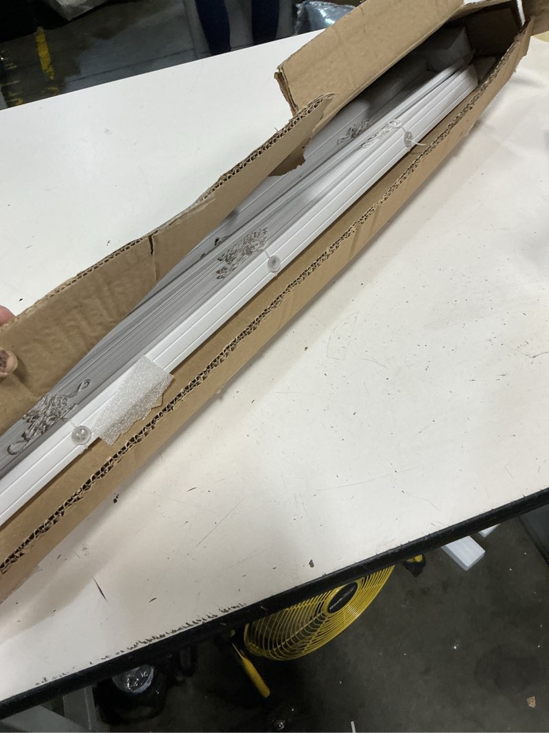 Condition photo showing As Is for chicology cordless mini blinds, 1 inch vinyl window blinds, room darkening & privacy, easy install with adhesive brackets, child safe, for windows, doors & campers, midnight white,30" w x 84" h 30"w x 84"h midnight white (blackout)