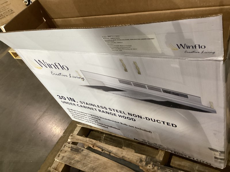 Condition photo showing As Is for winflo 30 in. stainless steel non- ducted under cabinet range hood