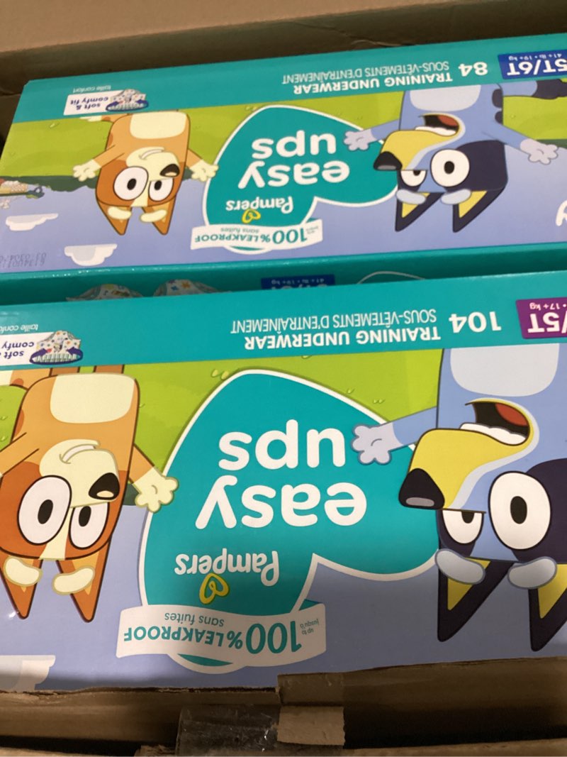 Condition photo showing As Is for pampers training pants - easy ups boys & girls bluey - size 5t-6t, 84 count, children's potty underwear (packaging may vary) 5t-6t 84