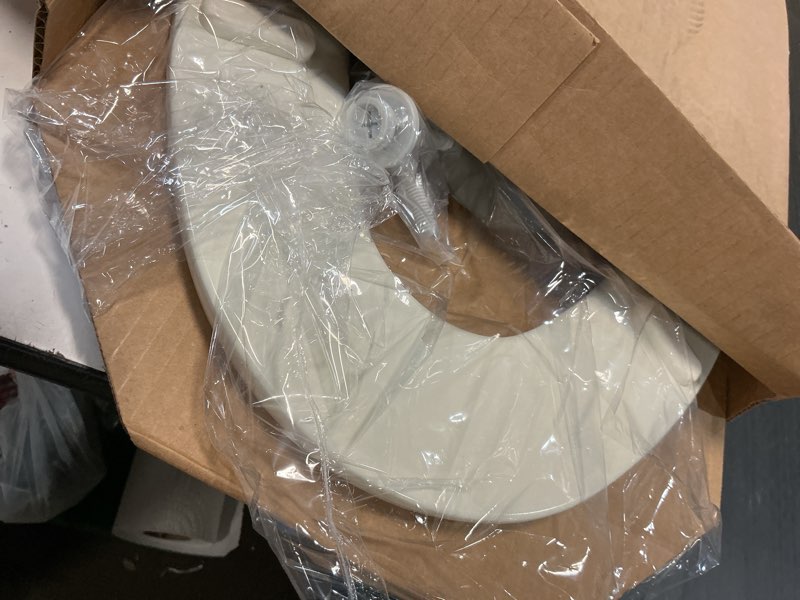 Condition photo showing Good Condition for church toilet seat, easy clean hinges release for deep cleans, durable enameled wood seat, elongated, biscuit elongated biscuit