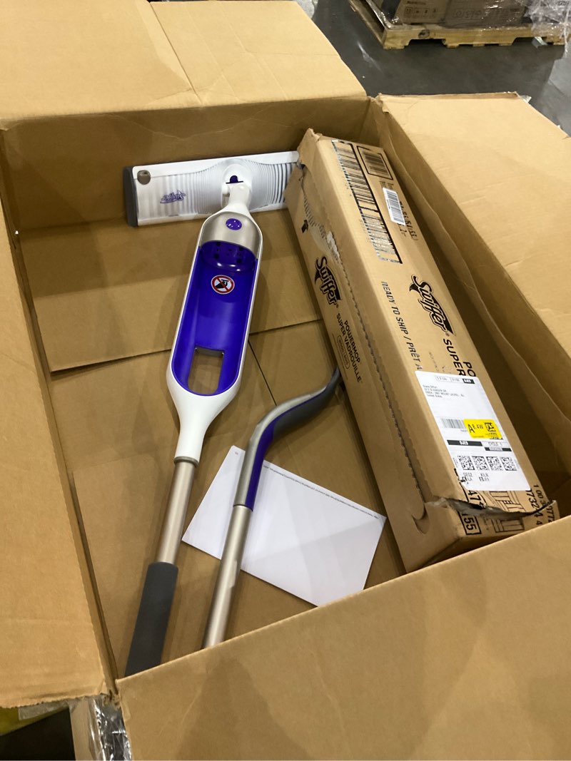 Condition photo showing As Is for Swiffer Power Mop Wood, Hardwood Floor Cleaner for Mopping Home, Bathroom, Kitchen, All Purpose Multi-Surface Cleaning Set includes PowerMop Wood, 2 Pads, 1 QuickDry Lemon Solution, & 2 Batteries