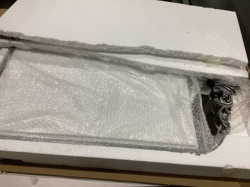 Condition photo showing New/Like New for Vintage Silver Arch Baroque Mirror with Shelf, 20"x32" Antique Silver Ornate Arched Wall Mirror with Metal Frame - Ideal for Bathroom, Vanity, Entryway, Fireplace, Mantel, Living Room Silver 32"L x 20"W