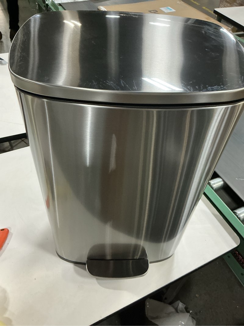 Condition photo showing New/Like New for Amazon Basics Smudge Resistant Rectangular Trash Can With Soft-Close Foot Pedal, Brushed Stainless Steel, 50L/13.2 Gal, 16.7x14.7x25.9 in, Satin Nickel Finish Satin Nickel Big, 50L/13.2 Gal
