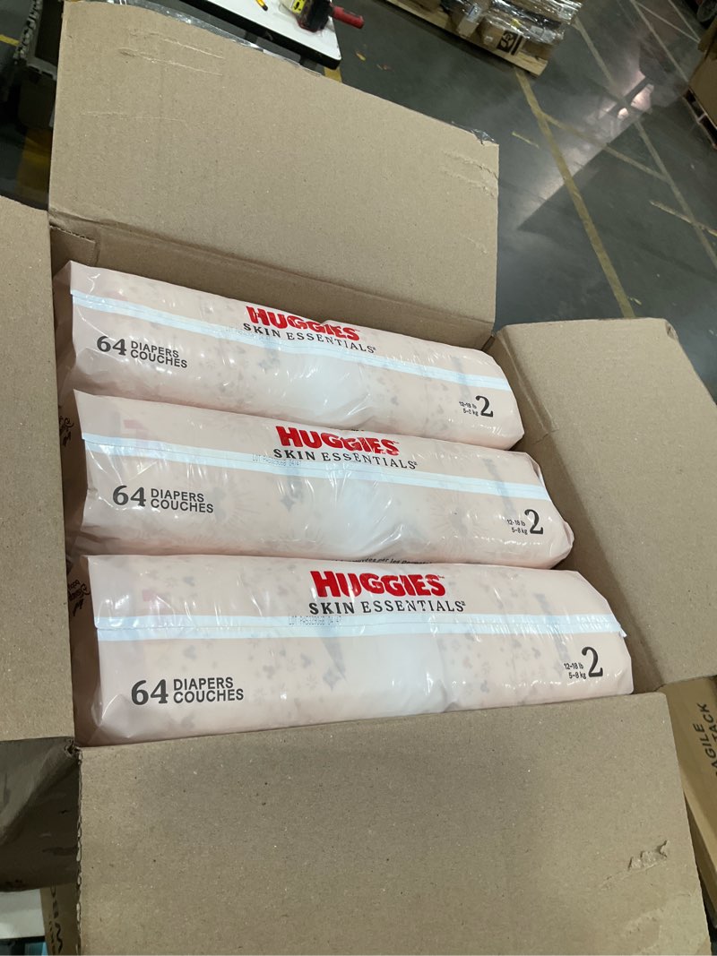 Condition photo showing New/Like New for huggies size 2 diapers, skin essentials baby diapers, size 2 (12-18 lbs), 192 count (3 packs of 64), packaging may vary size 2 192