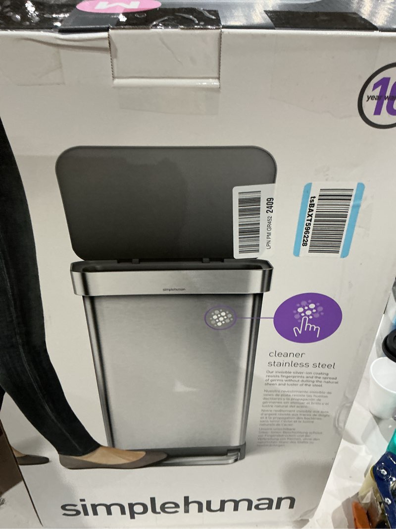 Condition photo showing New/Like New for simplehuman 45 liter / 12 gallon liter rectangular hands-free kitchen step trash can with soft-close lid, brushed stainless steel with plastic lid brushed stainless steel (with plastic lid) 45 liters