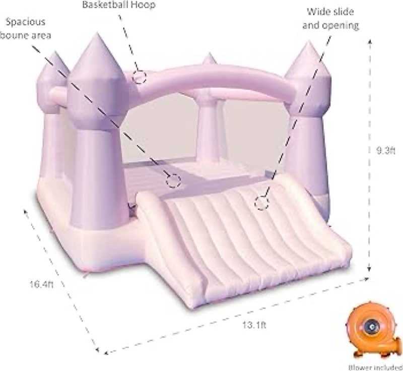 bounceland party castle daydreamer cotton candy bounce house, 16.4 ft l x 13.1 ft w x 9.3 ft h, basketball hoop, ul blower included, trendy pastel color, fun slide & bounce area, castle theme for kids