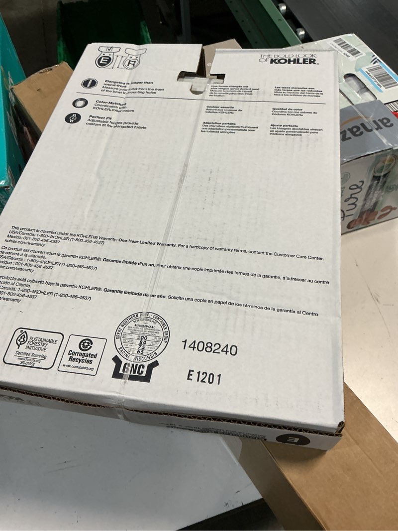 Condition photo showing New/Like New for Kohler K-20110-0 Brevia Elongated Toilet Seat with Grip-Tight Bumpers, Quiet-Close Seat, Quick-Attach Hardware, White