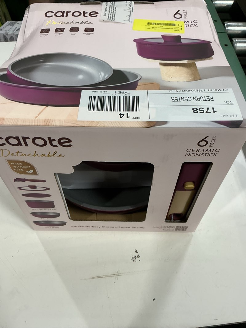 Condition photo showing New/Like New for carote ceramic pots and pans set, nonstick cookware set detachable handle, 6pcs induction kitchen cookware sets non stick with removable handle, rv cookware set, oven safe, purple