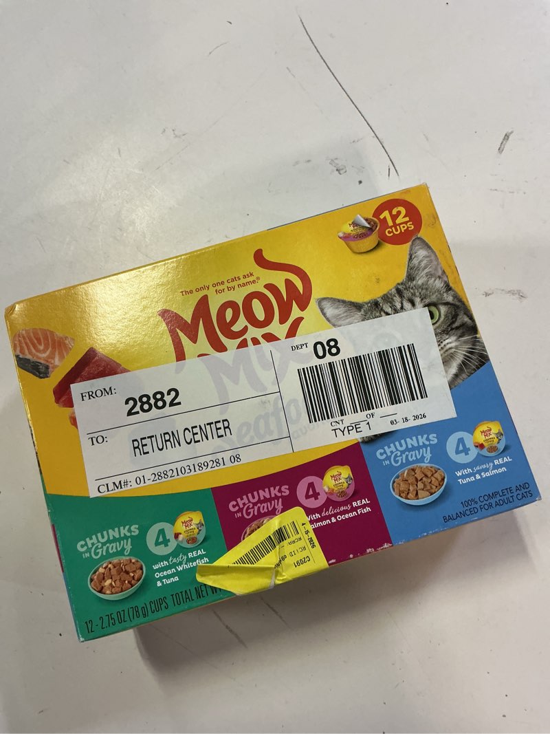 Condition photo showing New/Like New for ub 5/19/27 meow mix seafood favorites chunks in gravy wet cat food variety pack, 2.75 ounce (pack of 12) variety pack: seafood favorites 2.75 ounce (pack of 12)