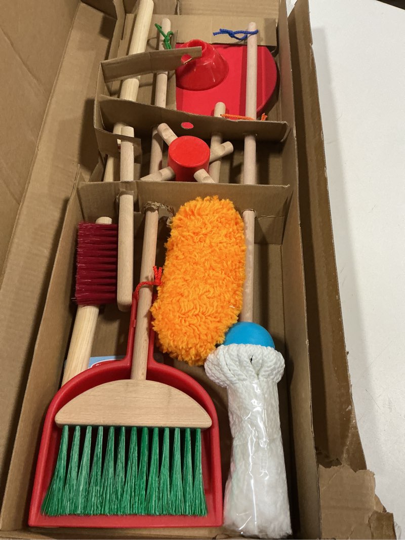 Condition photo showing Good Condition for Melissa & Doug Dust Sweep Mop 6-Piece Pretend Play Set, Toddler Toy Cleaning, Pretend Play Home Cleaning, Kids Broom and Mop Set for Ages 3+ Dust! Sweep! Mop!