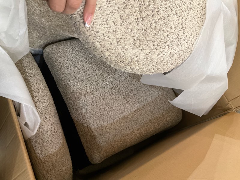 Condition photo showing As Is for christopher knight home aiden boucle wingback accent chair, fabric upholstered club chair with wooden frame, comfy reading chair for living room/bedroom, light brown+walnut